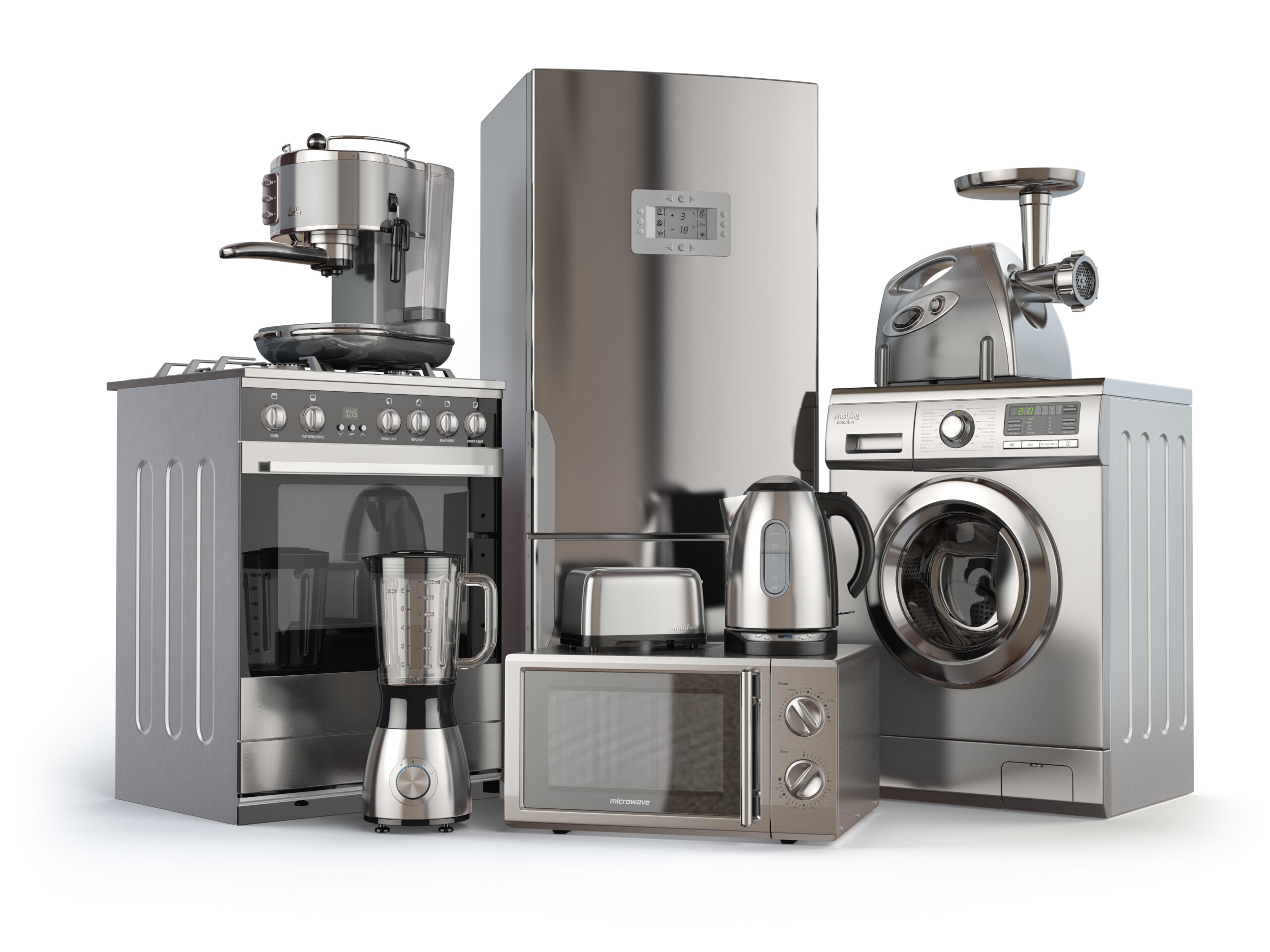 Home appliances. Gas cooker, refrigerator, microwave and washi